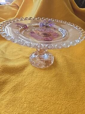 Cupcake Pedestal Stand, Expoxy Resin, Handmade Adorned W/ Dried Wild Flowers